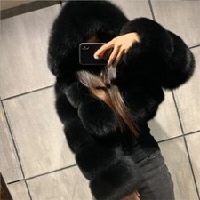 NEW Women Faux Fur Hood Shaggy Short Jacket Winter Cropped Top Coat Warm Outwear