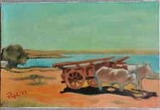oil painting Macchiaioli Borrani Tuscany vintage landscape ox cart  