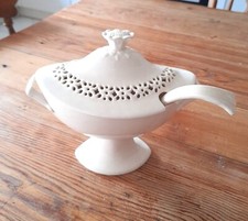 Vintage Royal Creamware Sauce / Gravy Stand & Spoon with Pierced Rose Finial 