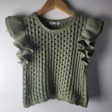 Zara Women Size S Green Hole Knit Soft Frill Sleeve Crop Blouse Casual Summer