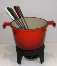 VINTAGE LE CREUSET CAST IRON ENAMELLED RED 16cm FONDUE SET With FORKS