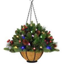18 Inches Pre-lit Artificial Christmas Hanging Basket with Red Berries, Pine ...