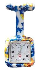 Nurses Fashion Coloured Patterned Silicon Rubber Fob Watches SQUARE Blue Flowers