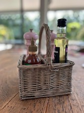 4 Compartment Condiment Grey Wash Wicker Holder Basket with Built-in Handle