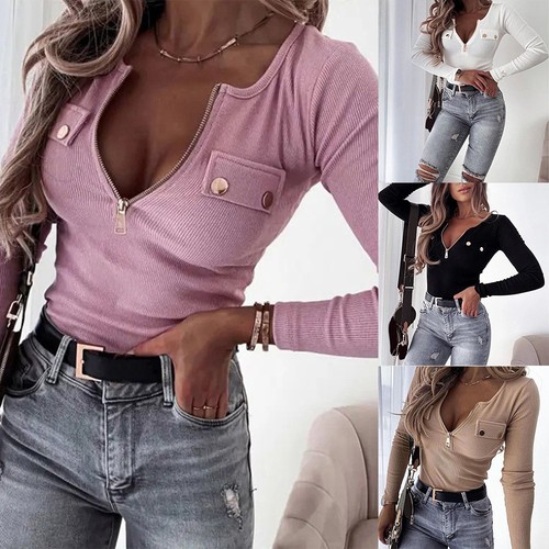 Womens sexy zipper neck tops - sexy,