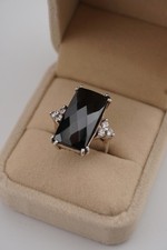 925 Silver Black Onyx Cocktail Ring Rectangular Stone Clear Accents | Size J