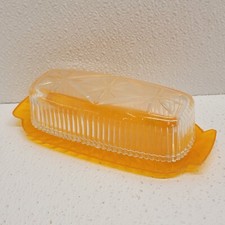 Vintage Retro Beacon Starburst Plastic Butter Dish Clear Cover Yellow Base