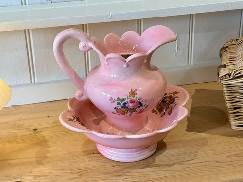 Vintage pink floral wash jug - vintage,