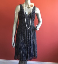 PATRA Blue SILK Flapper 1920s Gatsby Charleston Sequin Silk Dress Size 8