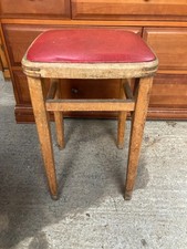 Vintage 1950's Brown Wooden Kitchen Stool Red Vinyl Seat 33 x 33 cm x 53 cm high