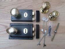 BLACK RIM LOCK + BRASS RIM KNOB SET - Old vintage retro style door rim handles 