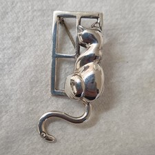 Tianguis Jackson Sterling Silver & CZ Cat In Window Brooch Hallmarked 1.8" 12.8g