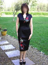 Karen Millen UK 14 Vintage Black Silk Oriental Chinese Embroidered Wiggle Dress