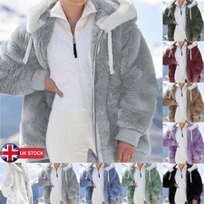 Women Warm Top Fluffy Coat Ladies Hooded Fleece Jacket Outwear Plus Size UK