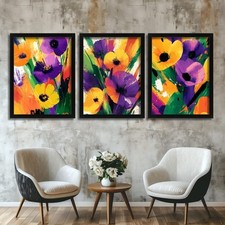 Yellow & Purple Floral Wall Art Abstract Flowers Set Of 3 Prints Modern Artwork