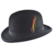 100% Wool Bowler Hat  High Quality with Removable Feather Satin Lined