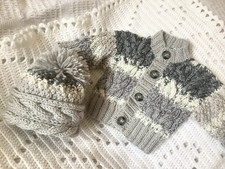 Shades of Grey Handknitted Aran Cardigan And Hat For Newborn  Baby. NEW
