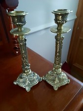 Antique Brass Candlesticks Classical Ornate Decoration Wreaths And Flowers.