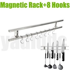 Strong Magnetic Knife Rack Holder Bar Wall Mounted Kitchen Storage Strip+8 Hooks