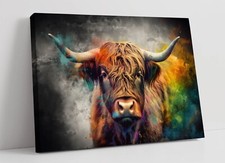HIGHLAND COW MULTI COLOUR DUST HOME DECOR CANVAS WALL ARTWORK PICTURE PRINT