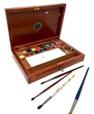 Antique Wooden Mahogany Artists Box by Reeves & Sons with Block Paints & Pallet