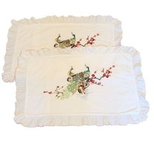 Vintage Set Of 2 Embroidered Peacock White Ruffles Pillow Cushion Covers Boho