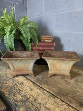 Antique Vintage PAIR Cast Iron Urns Weathered Rusty Rectangular French On Feet
