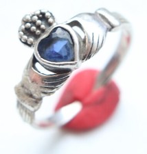 Vintage Sterling Silver Claddagh Heart Ring With Blue Stone (US Size 6.5)