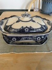 Burleigh Ware Hadden Pattern Blue and White Flow Tureen Vintage Serving Dish
