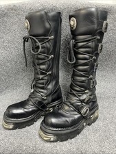 New rock reactor boots size 41 knee high black leather goth buckles lace up