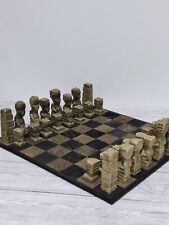 Antique African Chess Set With Leather/Hide Board And Carved Soapstone  Peices