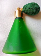 Vintage frosted green glass empty perfume bottle with a green puffer atomizer.