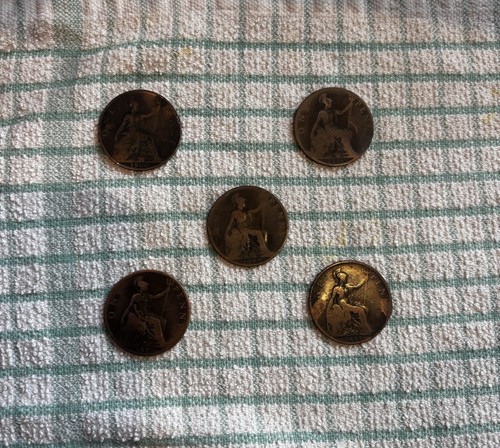 British one penny coin lot - one, x5