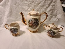 Vintage Kingwood Victorian Scene Gold Edged Teapot Sugar Creamer Made In USA