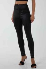 Ladies Women QED London Zip Front Wet Look Full Length Leggings