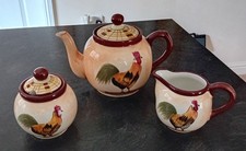 London Pottery Cockerel Tea Pot, Milk Jug, & Bowl Tea Pot Has Damage to the Base