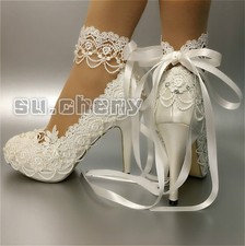 su.cheny 3" 4” heel white ivory satin lace ribbon close toe Wedding Bridal shoes