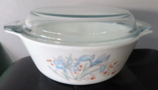 Pyrex Blue Iris Casserole Dish White Vintage +Lid -  10” X 9”