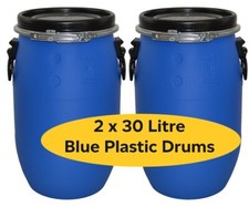 Open Top Blue Plastic Barrel Storage Container 2 X 30 Litre Drums