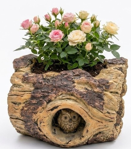 Cement log owl planter - owl,