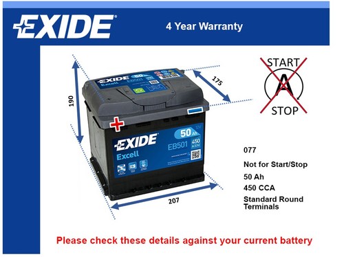Car battery eb501 exide - eb501,