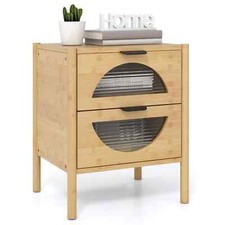 Bamboo Nightstand Mid-century Modern Bedside Table with 2 Storage Drawers