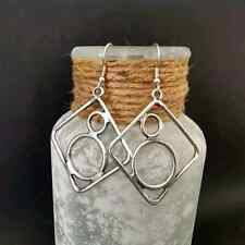 VINTAGE RETRO STYLE HOLLOW RHOMBUS CIRCLE STERLING PLATED DANGLE EARRINGS