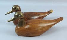 Vintage Solid Wooden Hand Carved Mallard Duck Brass Head Figurine Sculpture x 2