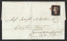 QV sg2 1d black (D-K) Plate 1b on 1840 cover to Huddersfield