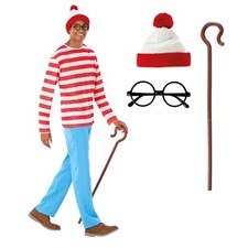 Men`s Where`s Wally Costume Adult Red & White Stripe Book Day Fancy Dress M - XL