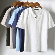 Men Henley Neck Plain Loose T-Shirt Short Sleeve Casual Summer Grandad Shirts _