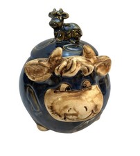 Vintage Blue Cow Cookie Jar Glazed Pottery Biscuit Barrel Storage