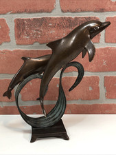Vintage Bronze Sculpture Dolphins Dancing in the Waves Patina 