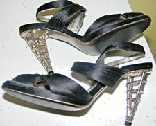 Vintage 1970s shoes Salvatore Ferragamo black satin sandals bird-cage black heel